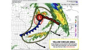 Wisconsin, Michigan, Illinois and Indiana Face Strong to Severe Storms With 50 mph Wind Gusts, Small Hail and Low-End Tornado Risk Near Green Bay Tuesday May 12 This Evening