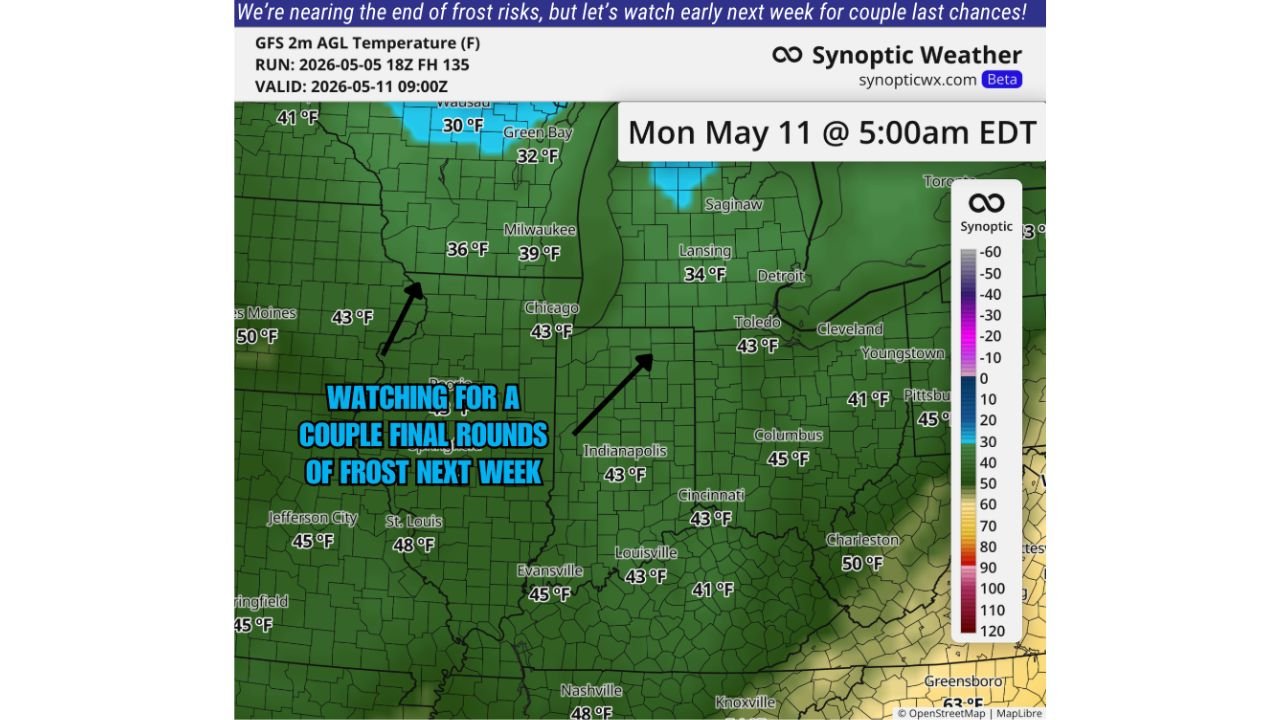 Wisconsin, Michigan and the Lower Midwest Face Final Frost Rounds Into Mid-May With Temperatures Dropping to 30 Degrees Near Green Bay by Monday May 11