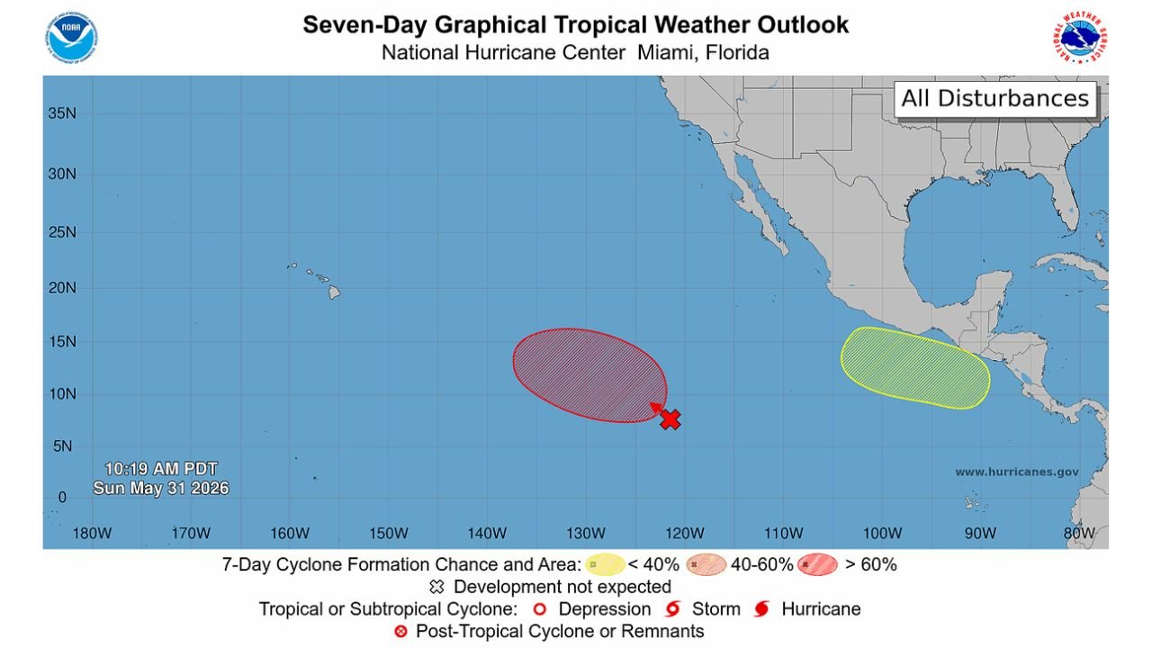 Eastern Pacific Tropical Development Reaches 90 Percent Chance as Second Area of Interest Emerges Off Southern Mexico Coast on May 31