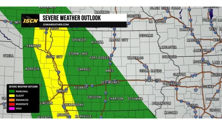 Iowa and Nebraska Border Communities Including Sioux City Face Level 2 Slight Risk Tonight With Isolated Tornado, Large Hail and Damaging Winds Possible
