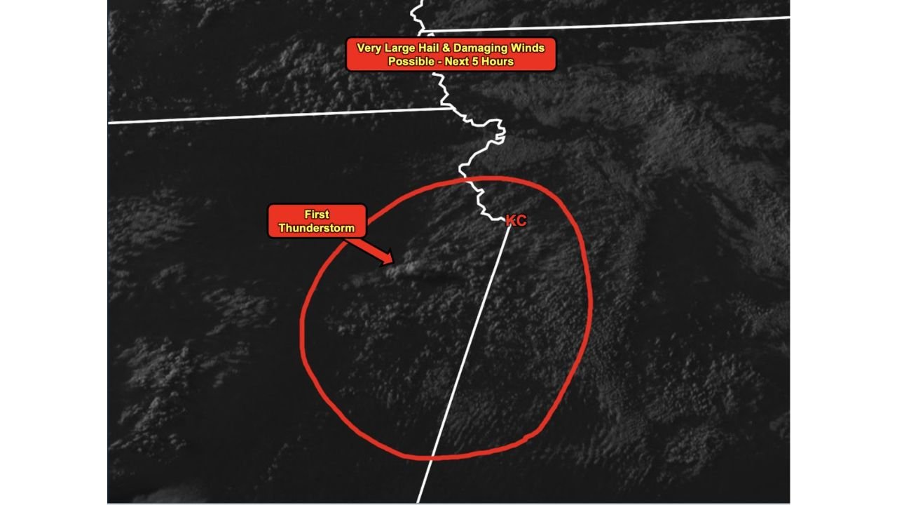 Johnson County Kansas and Kansas City Hit by Fast-Growing Thunderstorm Bringing Very Large Hail and Damaging Winds Over the Next 5 Hours
