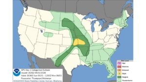 Missouri and Illinois Face Level 2 Slight Risk for Damaging Winds and Large Hail After 6 PM Sunday as SPC Outlook Covers Central Plains to Deep South