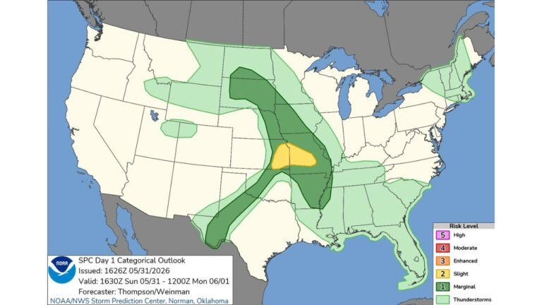 Missouri and Illinois Face Level 2 Slight Risk for Damaging Winds and Large Hail After 6 PM Sunday as SPC Outlook Covers Central Plains to Deep South